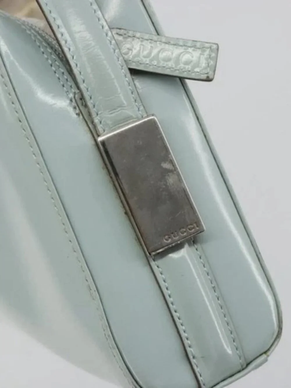 GUCCI Shoulder Bag Patent leather Light Blue Silver Auth ep14972